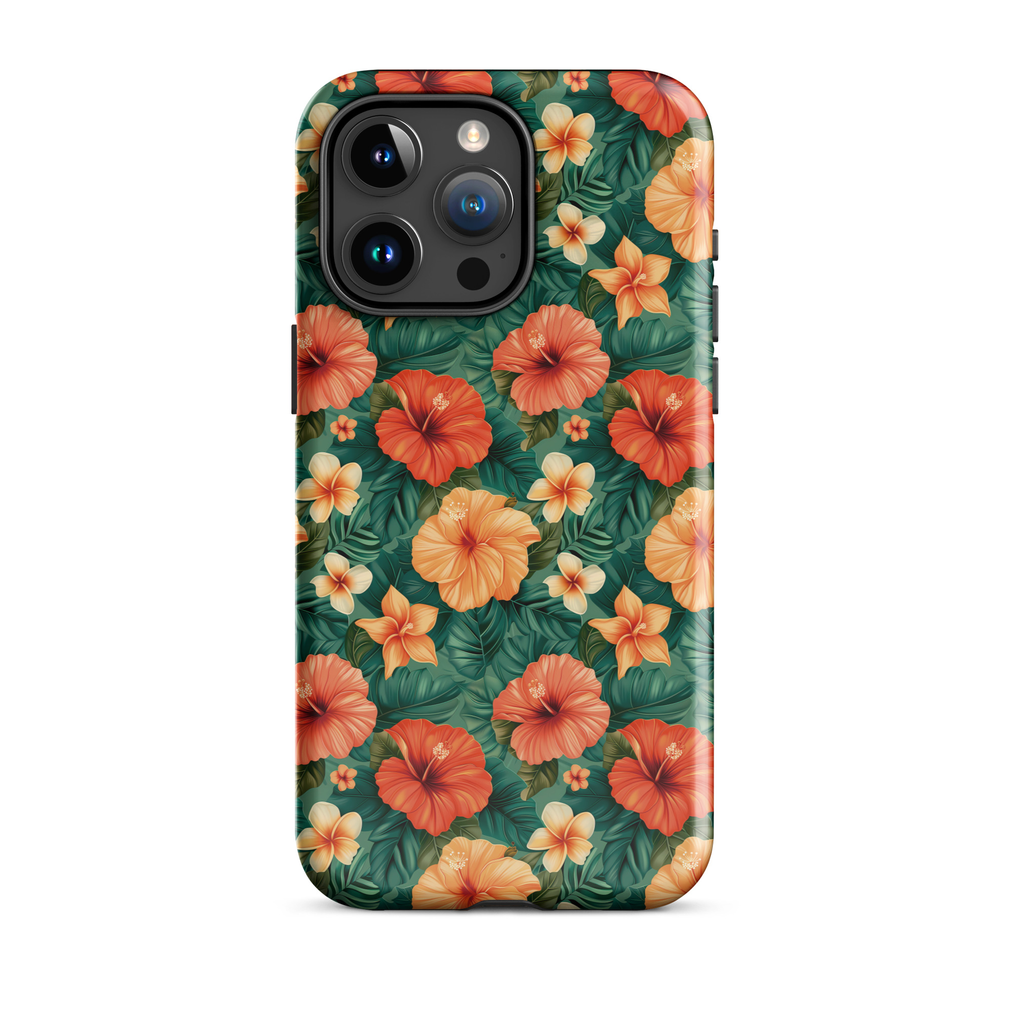 Funda dura para iPhone con estampado floral tropical naranja y rojo, sobre fondo verde exótico. Protección de doble capa y diseño envolvente.