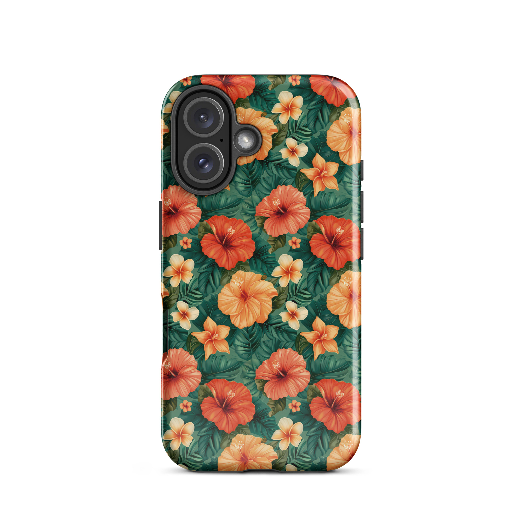 Funda dura para iPhone con estampado floral tropical naranja y rojo, sobre fondo verde exótico. Protección de doble capa y diseño envolvente.