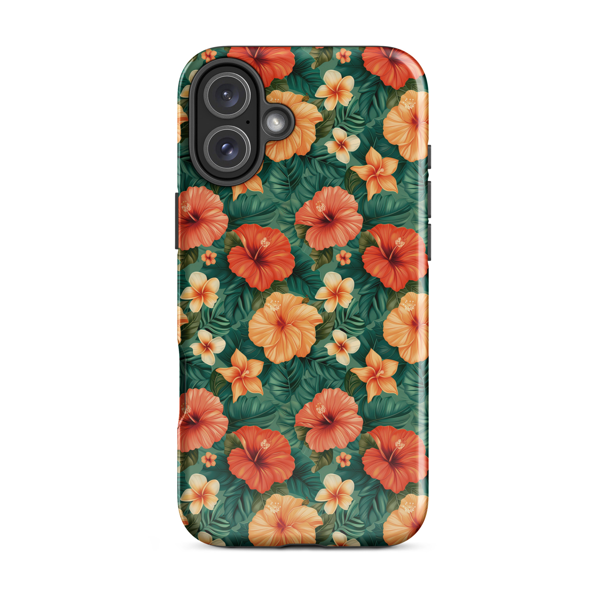 Funda dura para iPhone con estampado floral tropical naranja y rojo, sobre fondo verde exótico. Protección de doble capa y diseño envolvente.