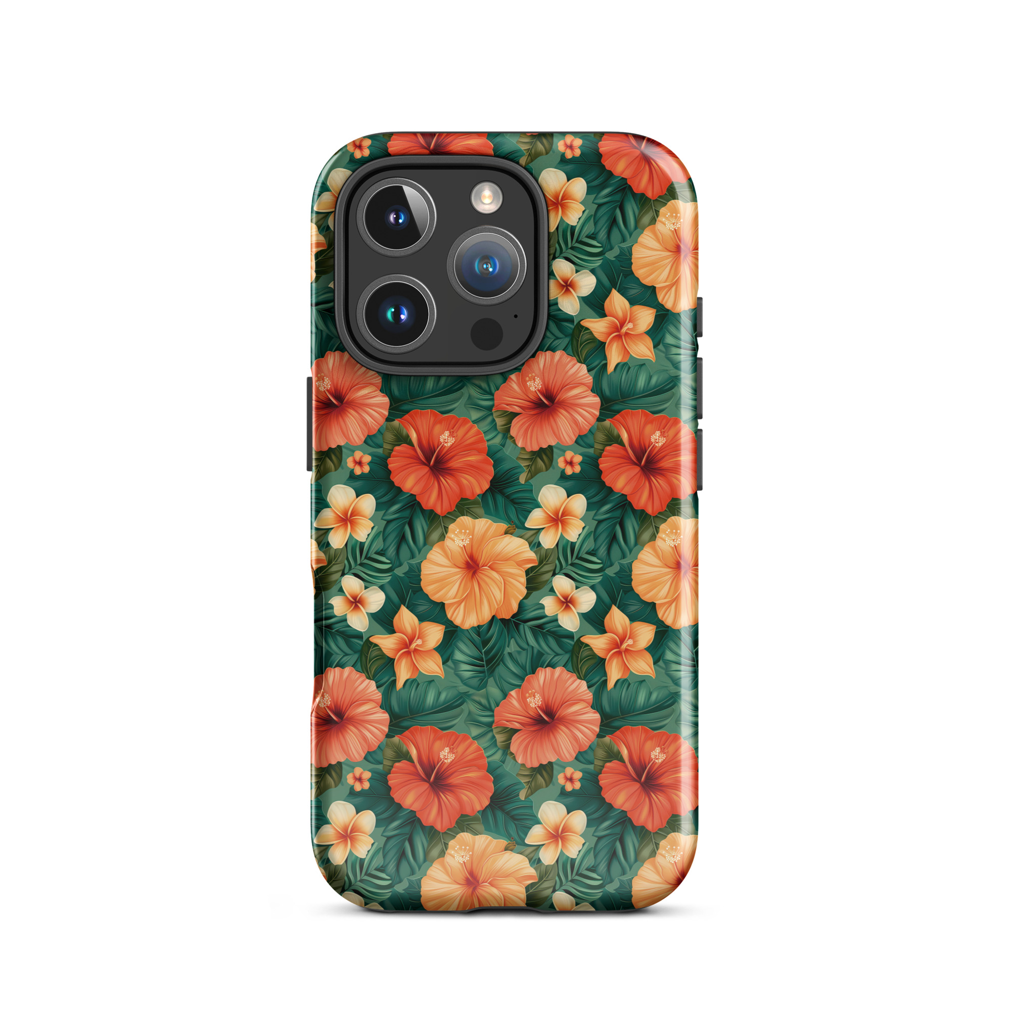 Funda dura para iPhone con estampado floral tropical naranja y rojo, sobre fondo verde exótico. Protección de doble capa y diseño envolvente.