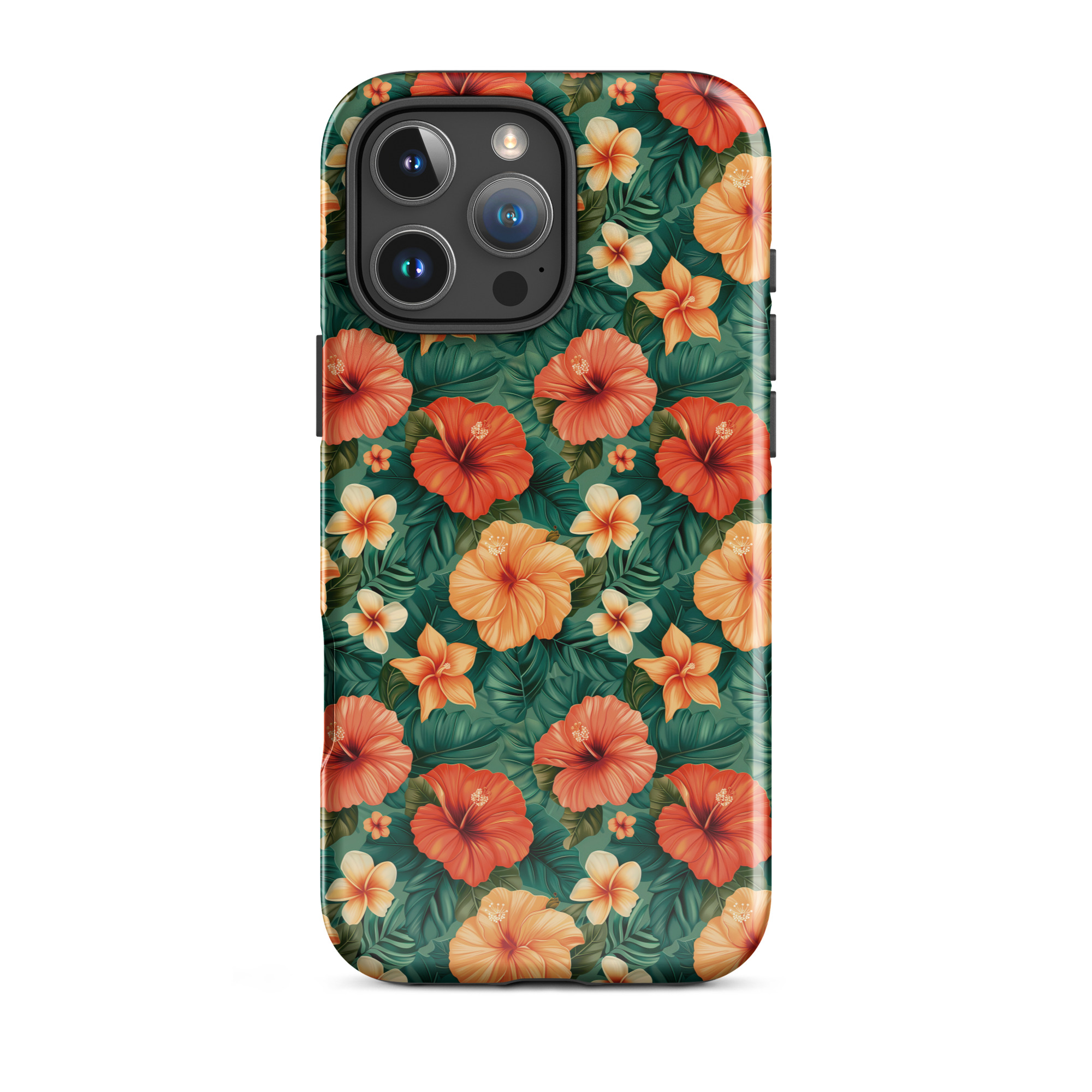 Funda dura para iPhone con estampado floral tropical naranja y rojo, sobre fondo verde exótico. Protección de doble capa y diseño envolvente.