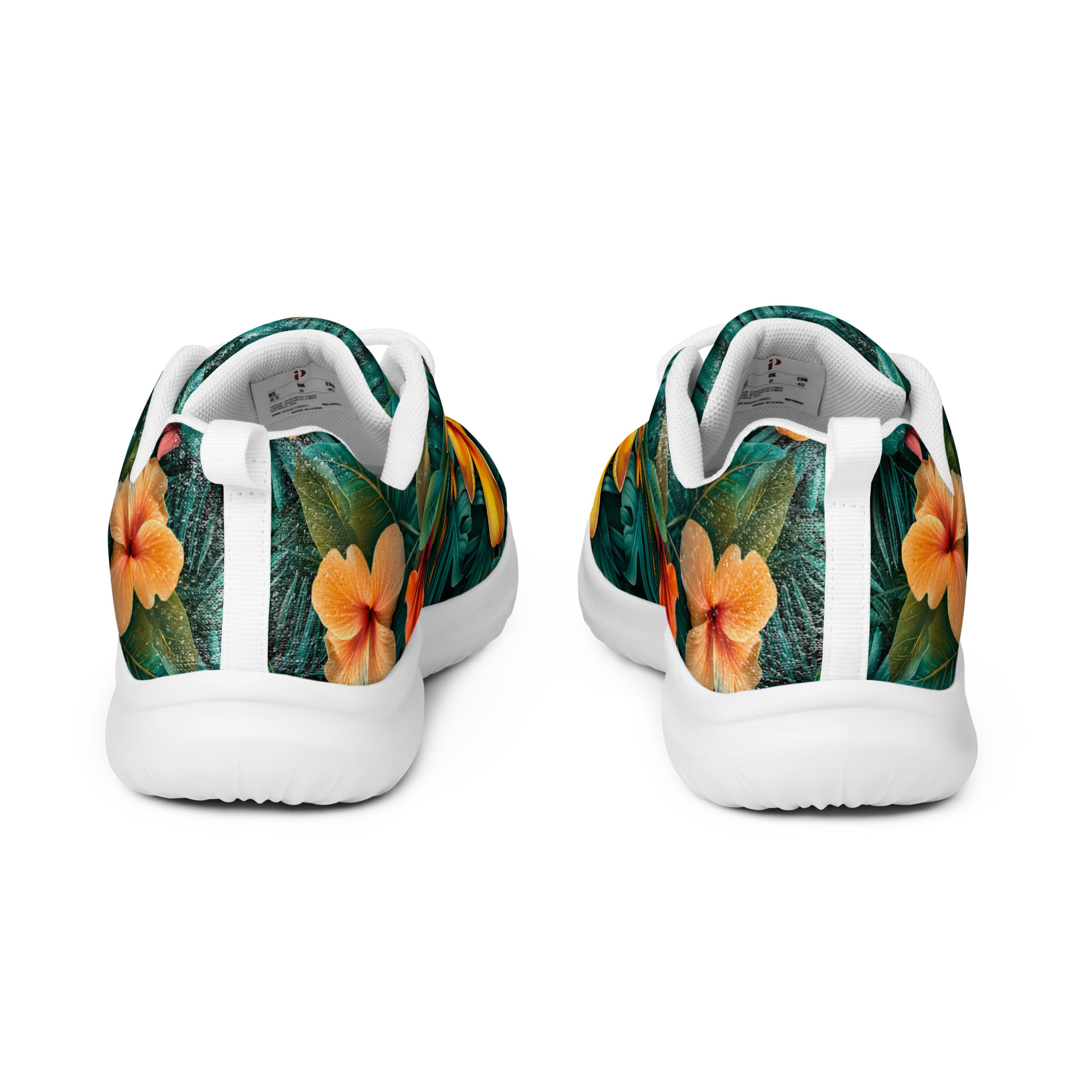 Zapatillas deportivas florales tropicales para mujer con diseño de hibiscos y fondo verde – Tropic Heat