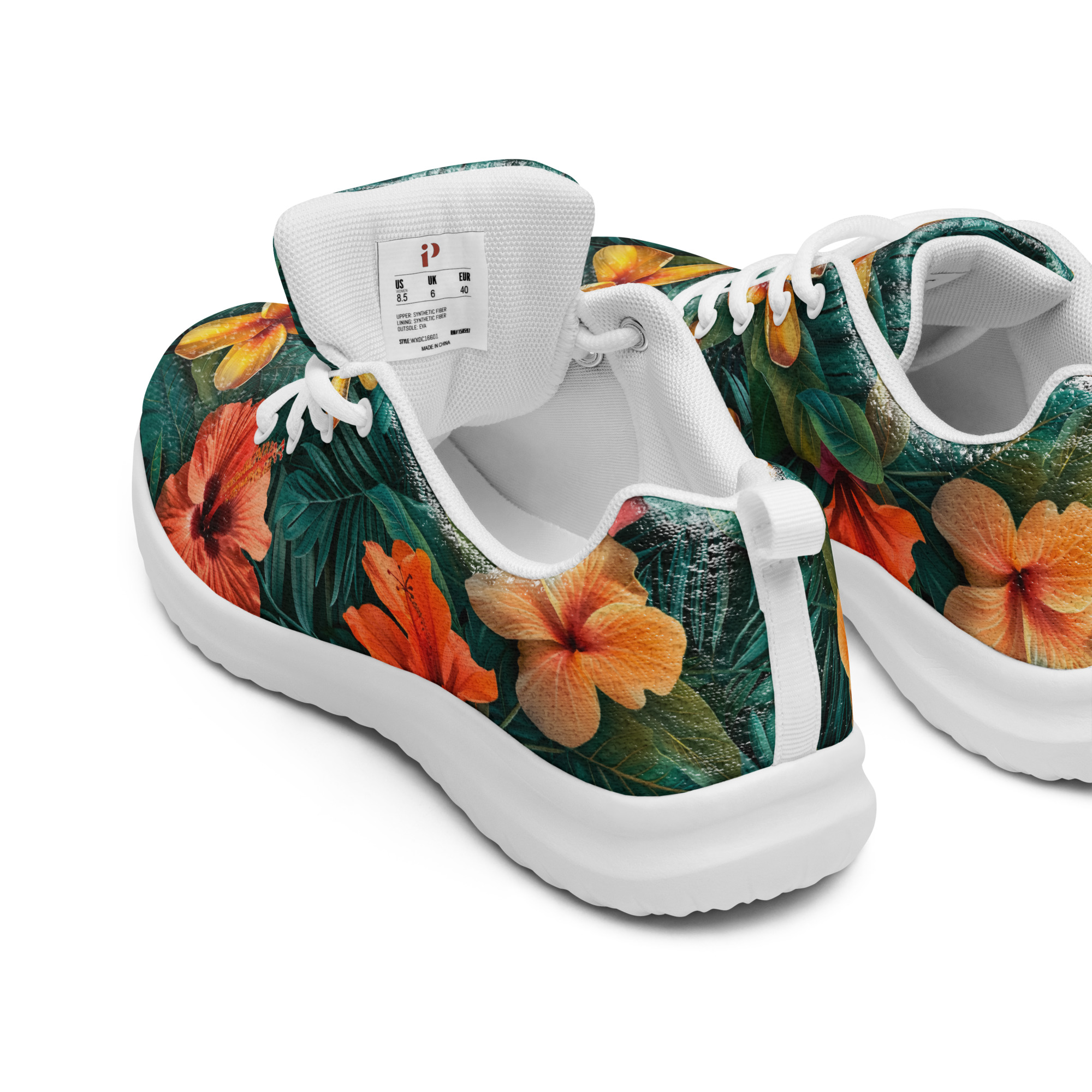 Zapatillas deportivas florales tropicales para mujer con diseño de hibiscos y fondo verde – Tropic Heat