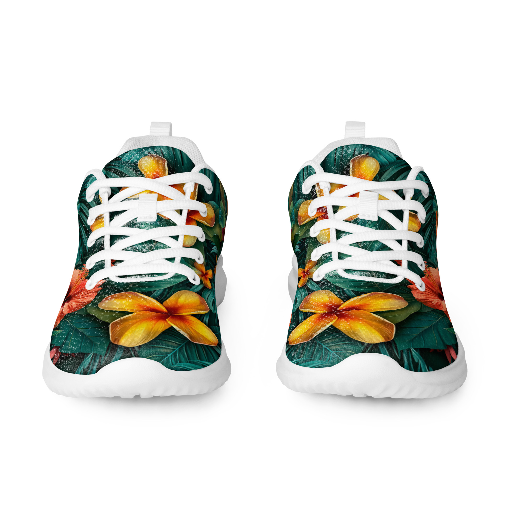 Zapatillas deportivas florales tropicales para mujer con diseño de hibiscos y fondo verde – Tropic Heat