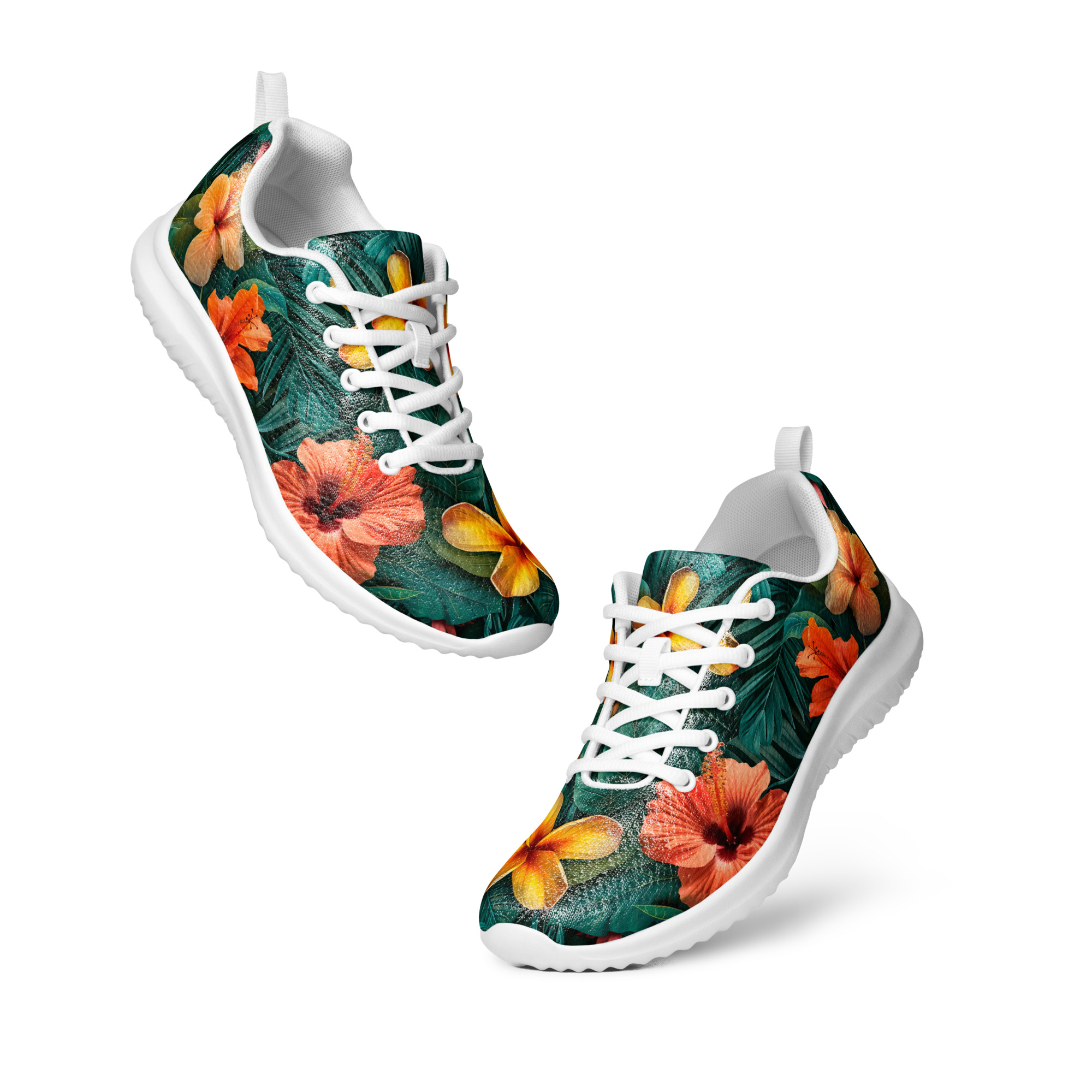 Zapatillas deportivas florales tropicales para mujer con diseño de hibiscos y fondo verde – Tropic Heat