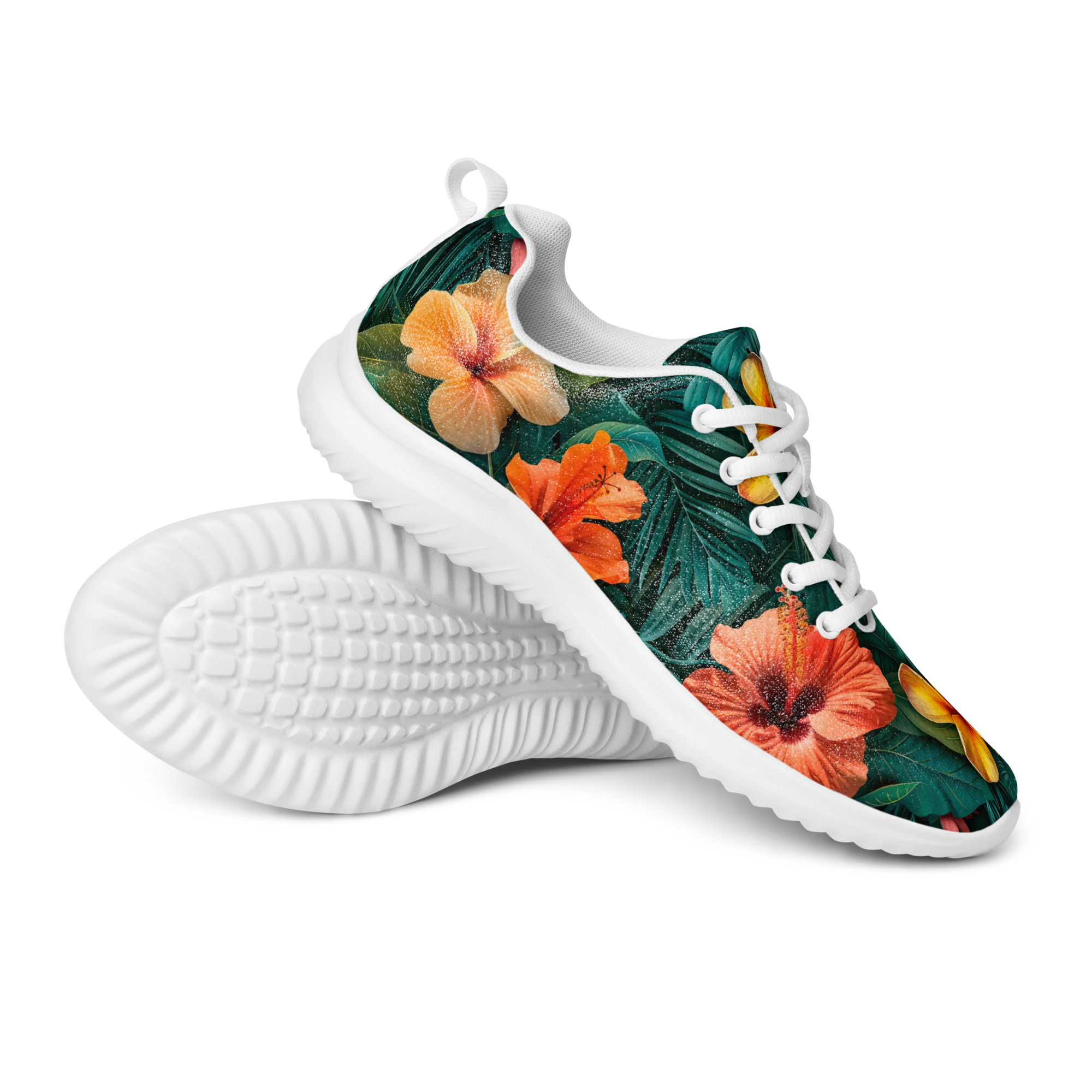 Zapatillas deportivas florales tropicales para mujer con diseño de hibiscos y fondo verde – Tropic Heat