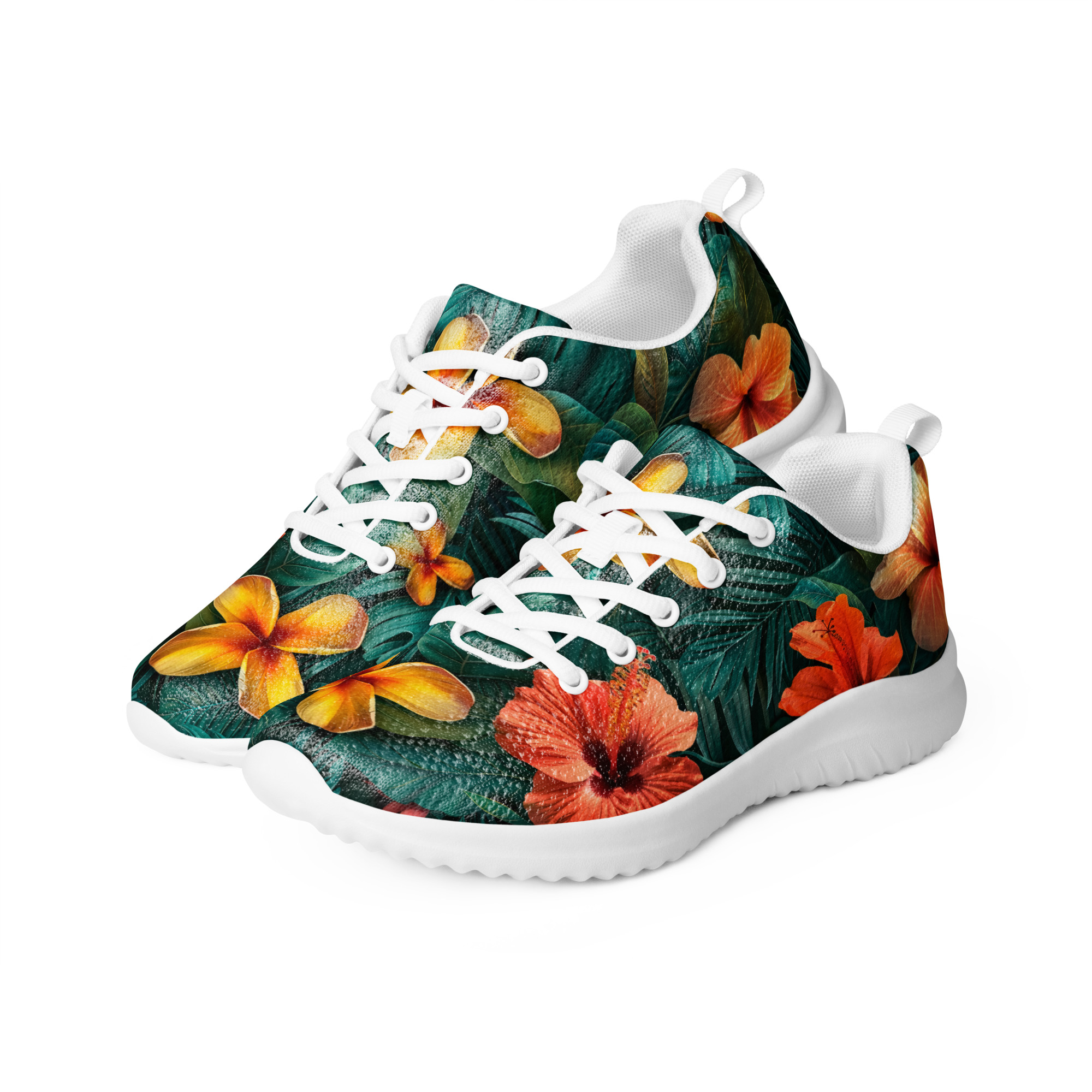 Zapatillas deportivas florales tropicales para mujer con diseño de hibiscos y fondo verde – Tropic Heat