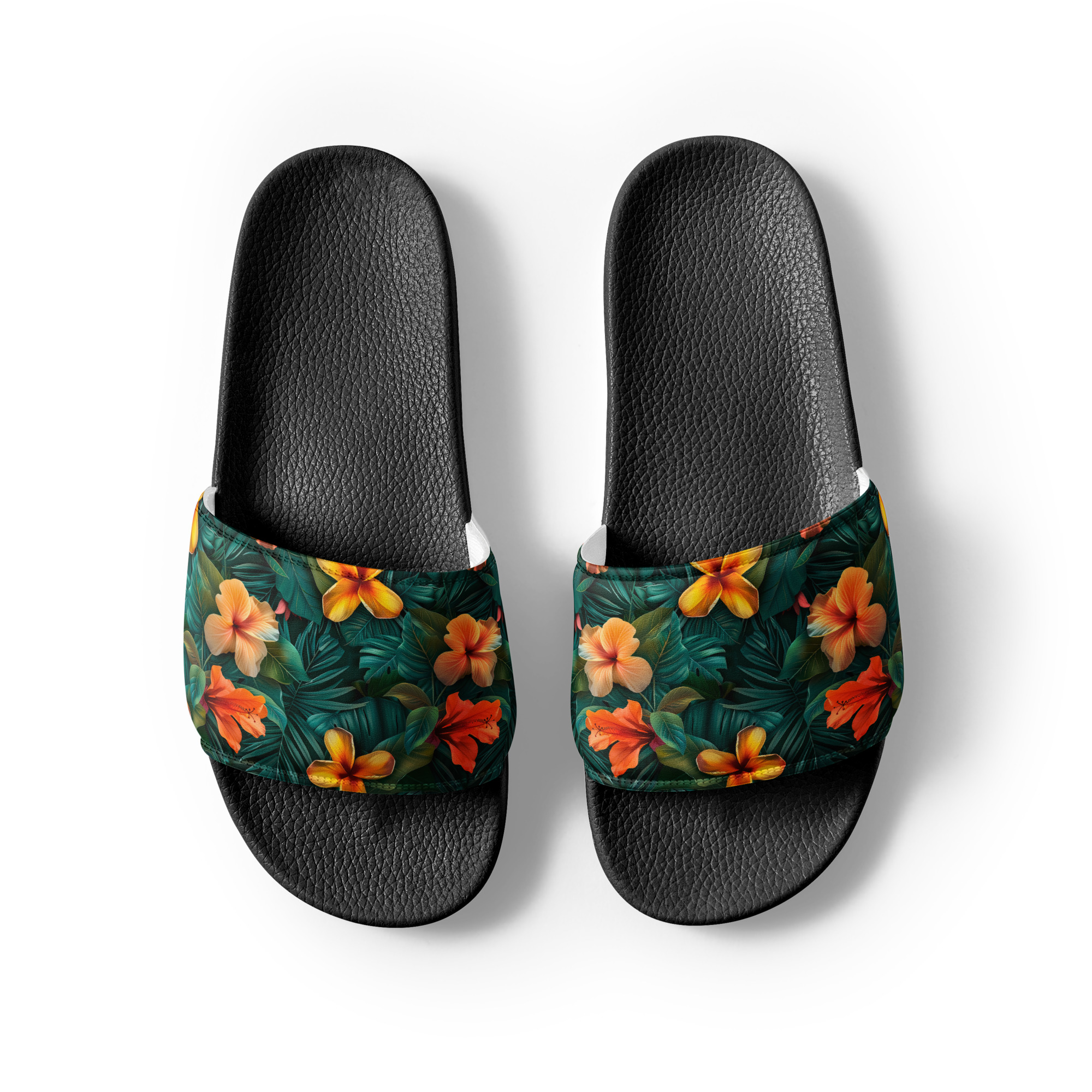 Sandalias negras con tira de flores tropicales naranjas y amarillas sobre fondo verde – colección Tropic – Heat.