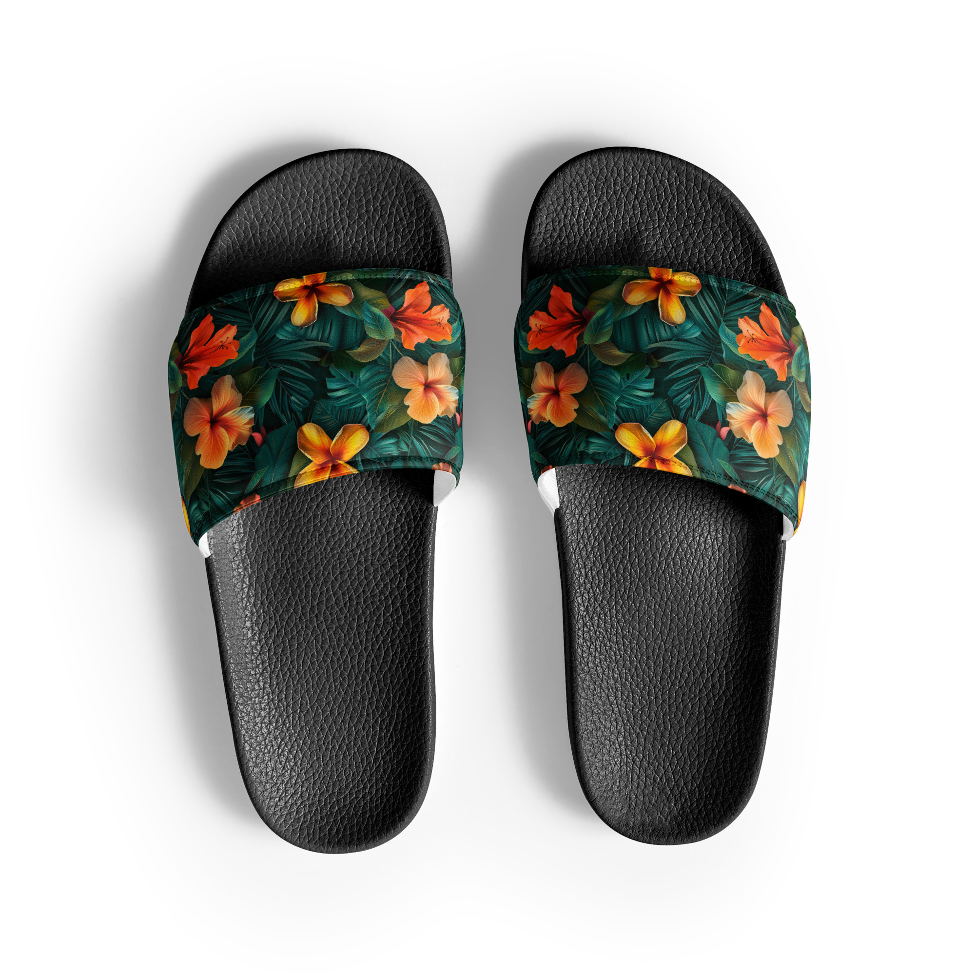 Sandalias negras con tira de flores tropicales naranjas y amarillas sobre fondo verde – colección Tropic – Heat.