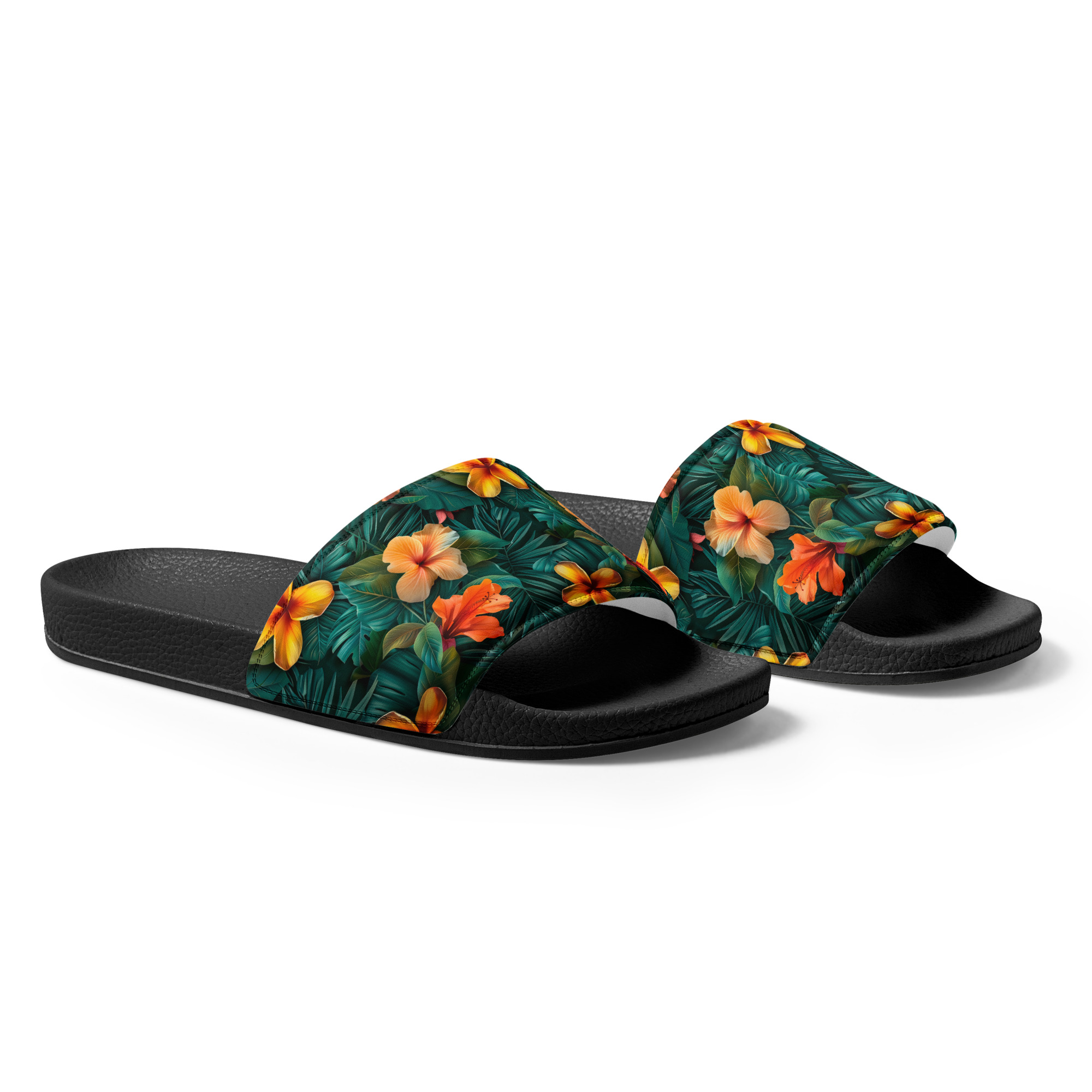 Sandalias negras con tira de flores tropicales naranjas y amarillas sobre fondo verde – colección Tropic – Heat.