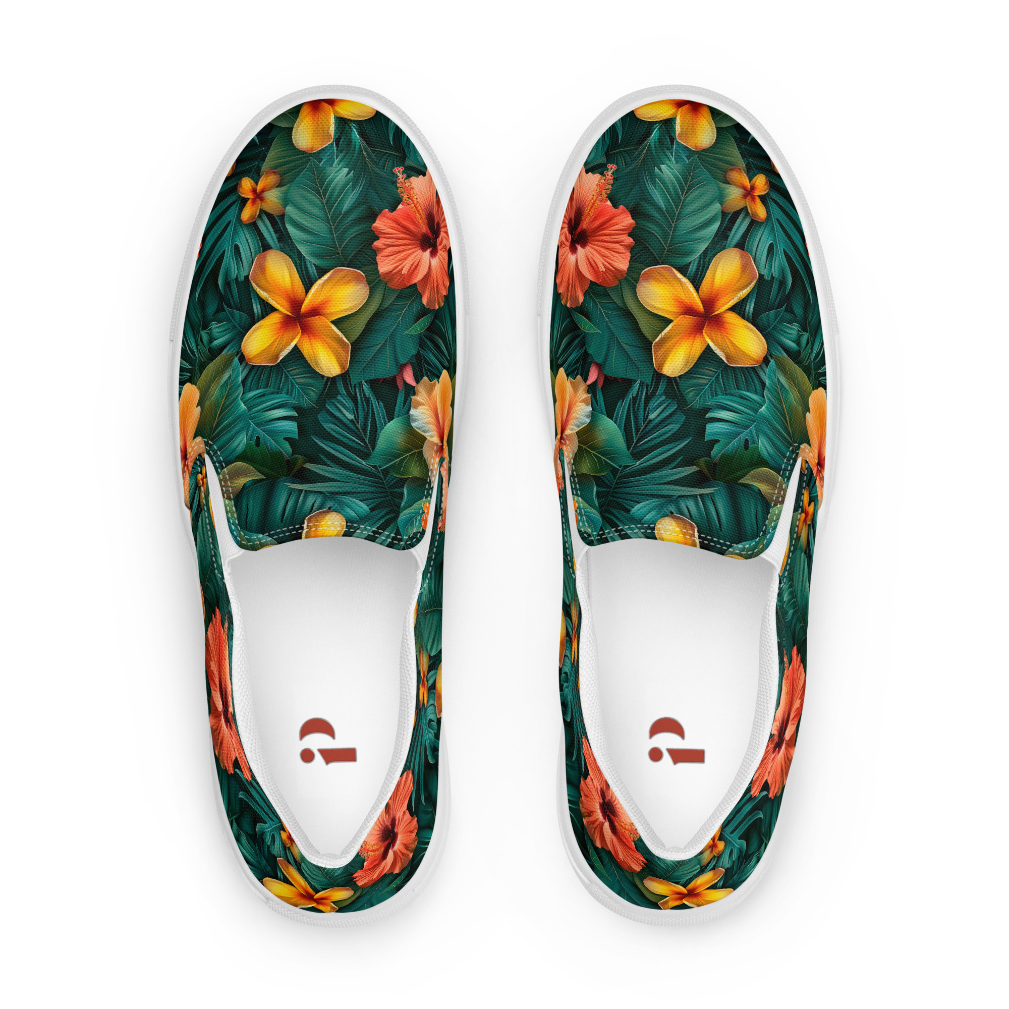 Zapatillas sin cordones con flores tropicales naranjas y amarillas sobre fondo verde selvático – colección Tropic – Heat.