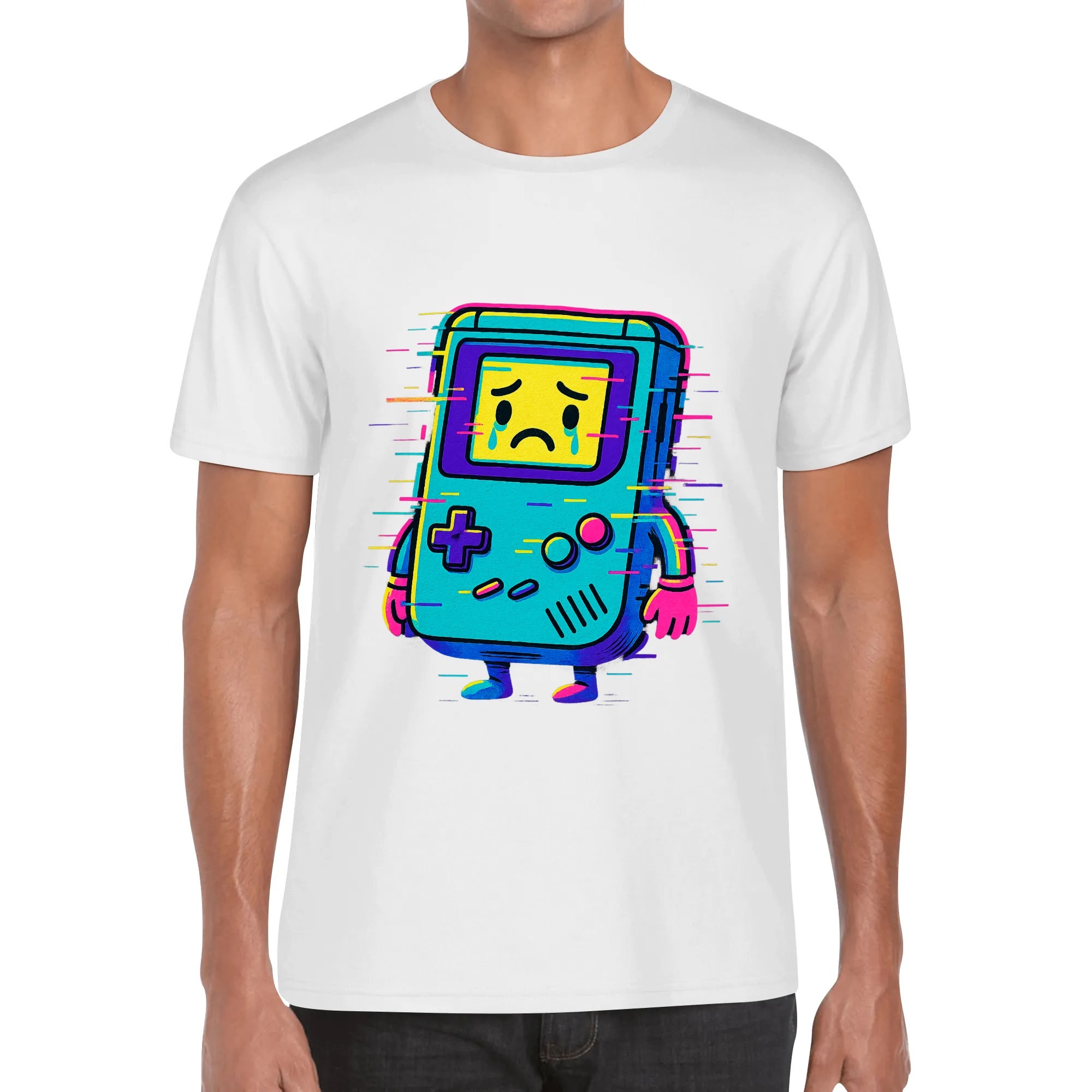 Camiseta negra con Consola Glitch en neón cian-magenta-amarillo, vista frontal centrada.