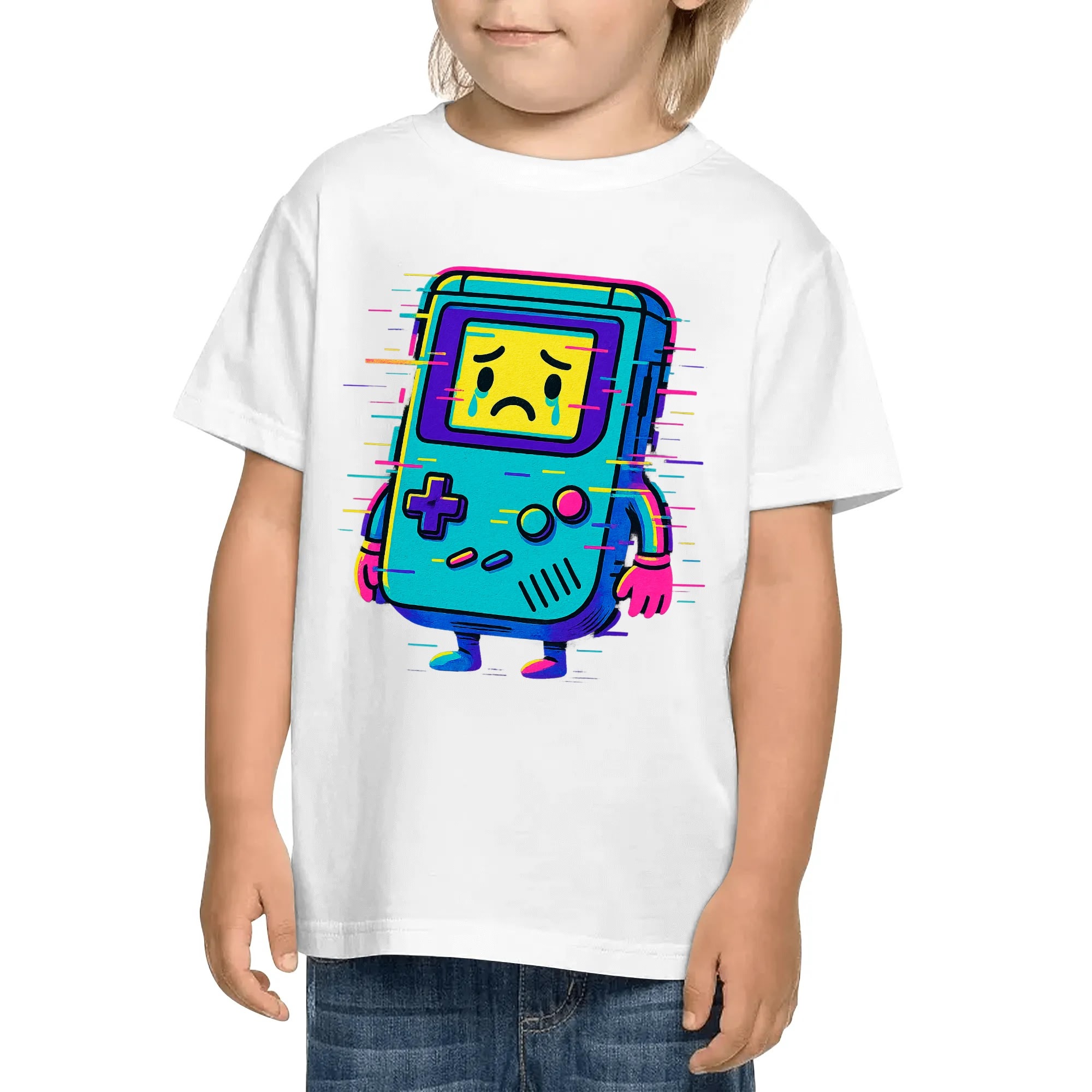 Camiseta kids “Consola Glitch”, vista frontal con el print centrado.