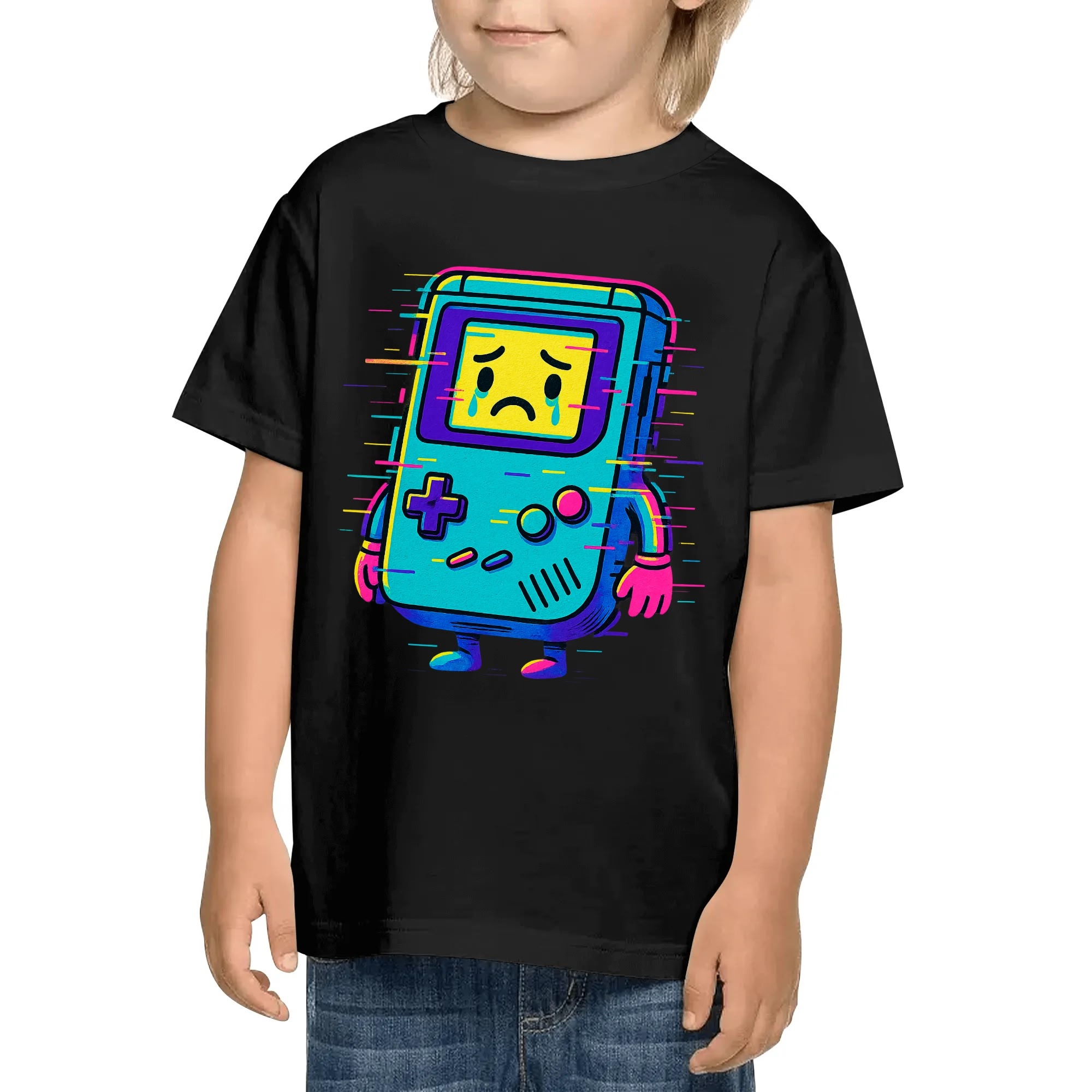 Camiseta kids “Consola Glitch”, vista frontal con el print centrado.