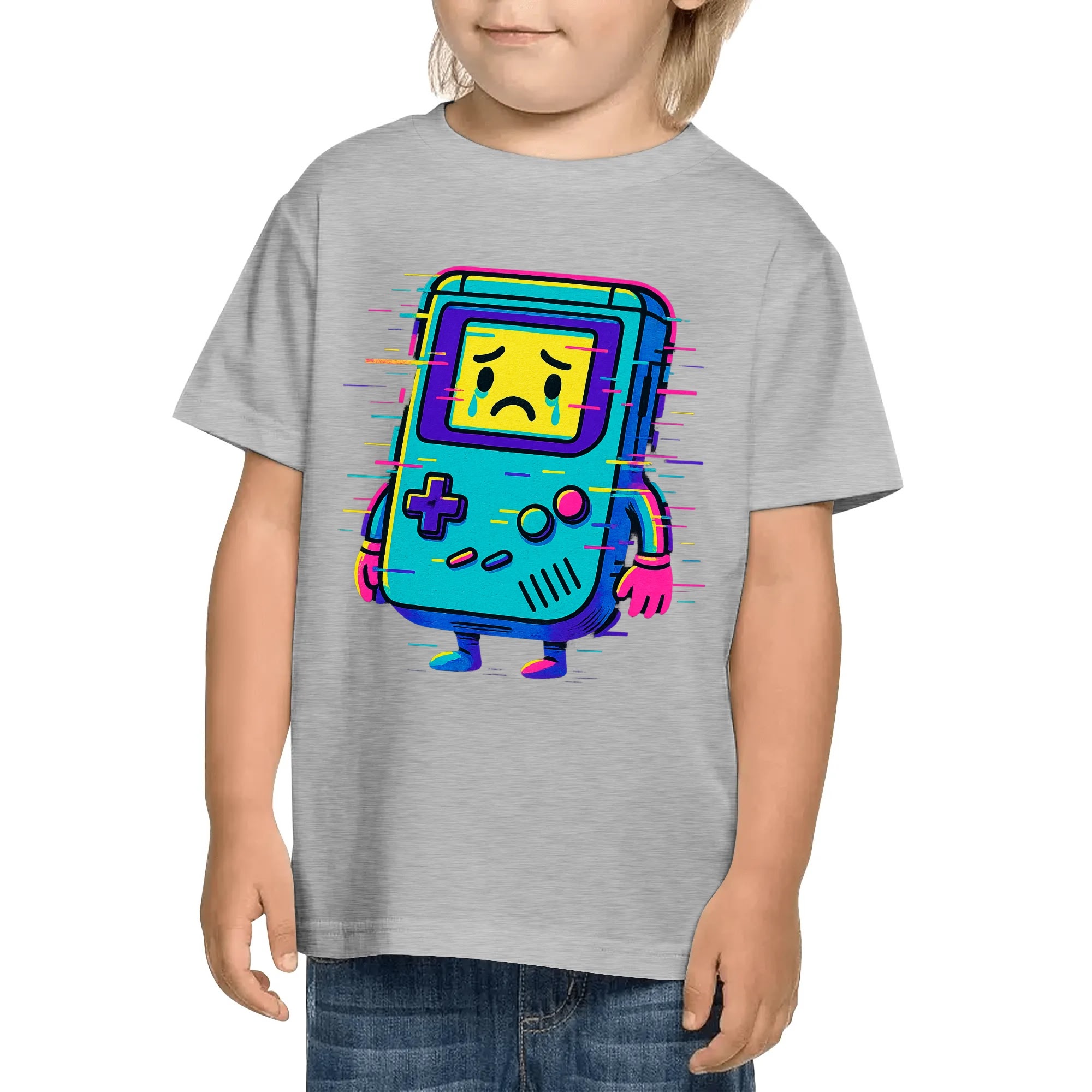 Camiseta kids “Consola Glitch”, vista frontal con el print centrado.