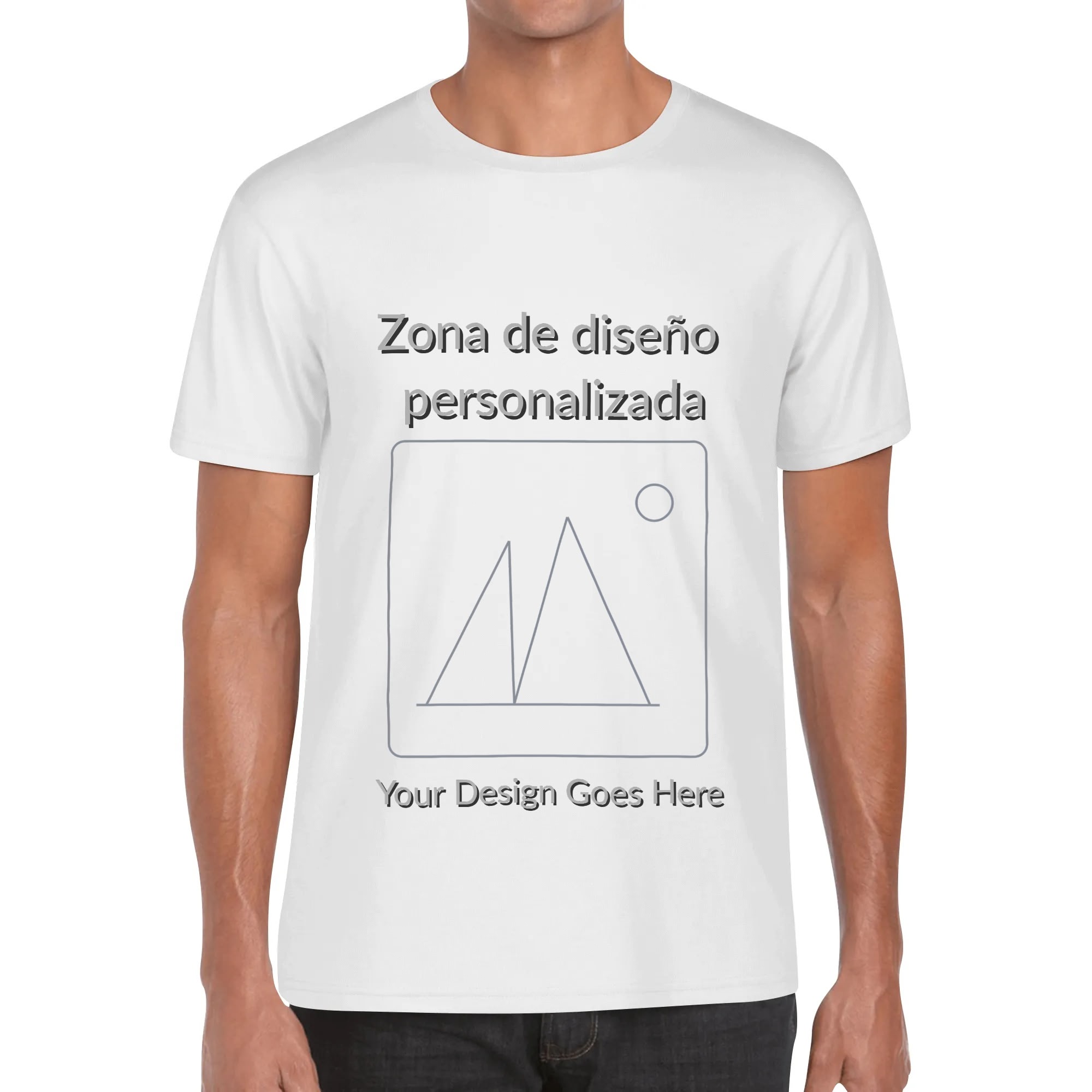 Camiseta unisex blanca con zona de diseño personalizable centrada; vista frontal y ejemplo en negro.