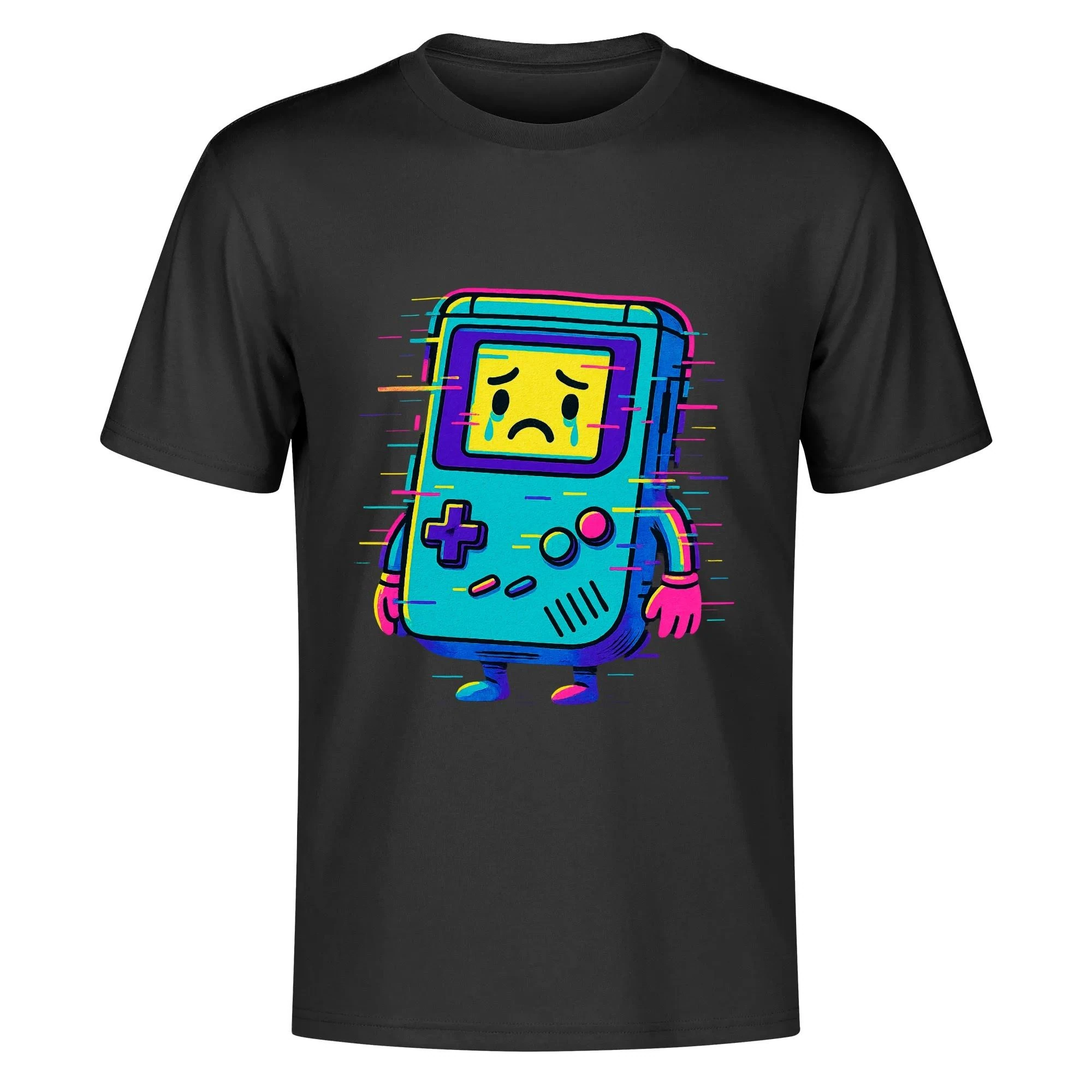 Camiseta negra con Consola Glitch en neón cian-magenta-amarillo, vista frontal centrada.