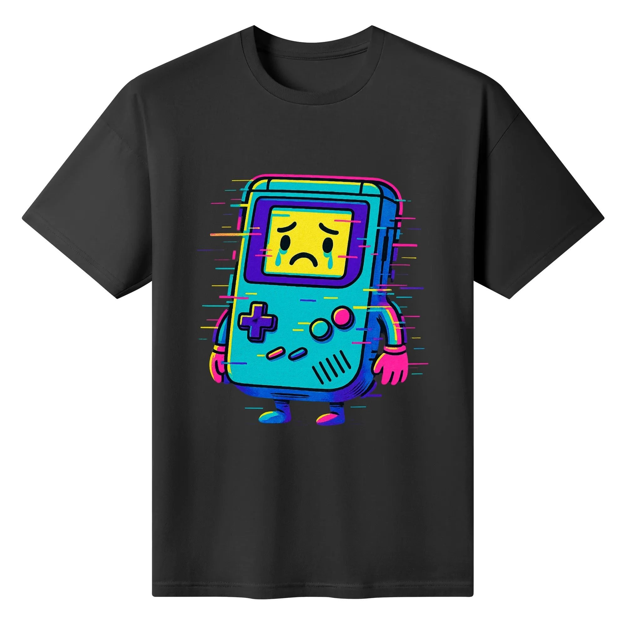 Camiseta negra con Consola Glitch en neón cian-magenta-amarillo, vista frontal centrada.