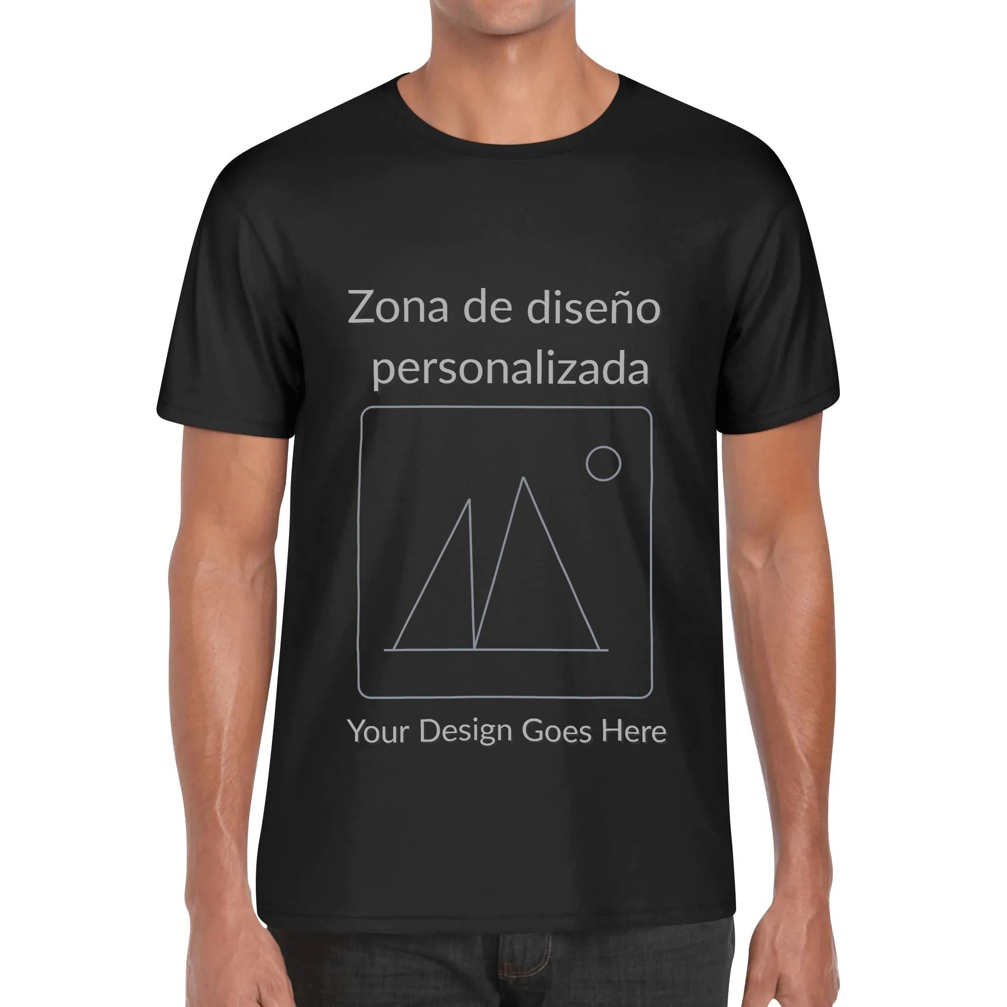 Camiseta unisex blanca con zona de diseño personalizable centrada; vista frontal y ejemplo en negro.