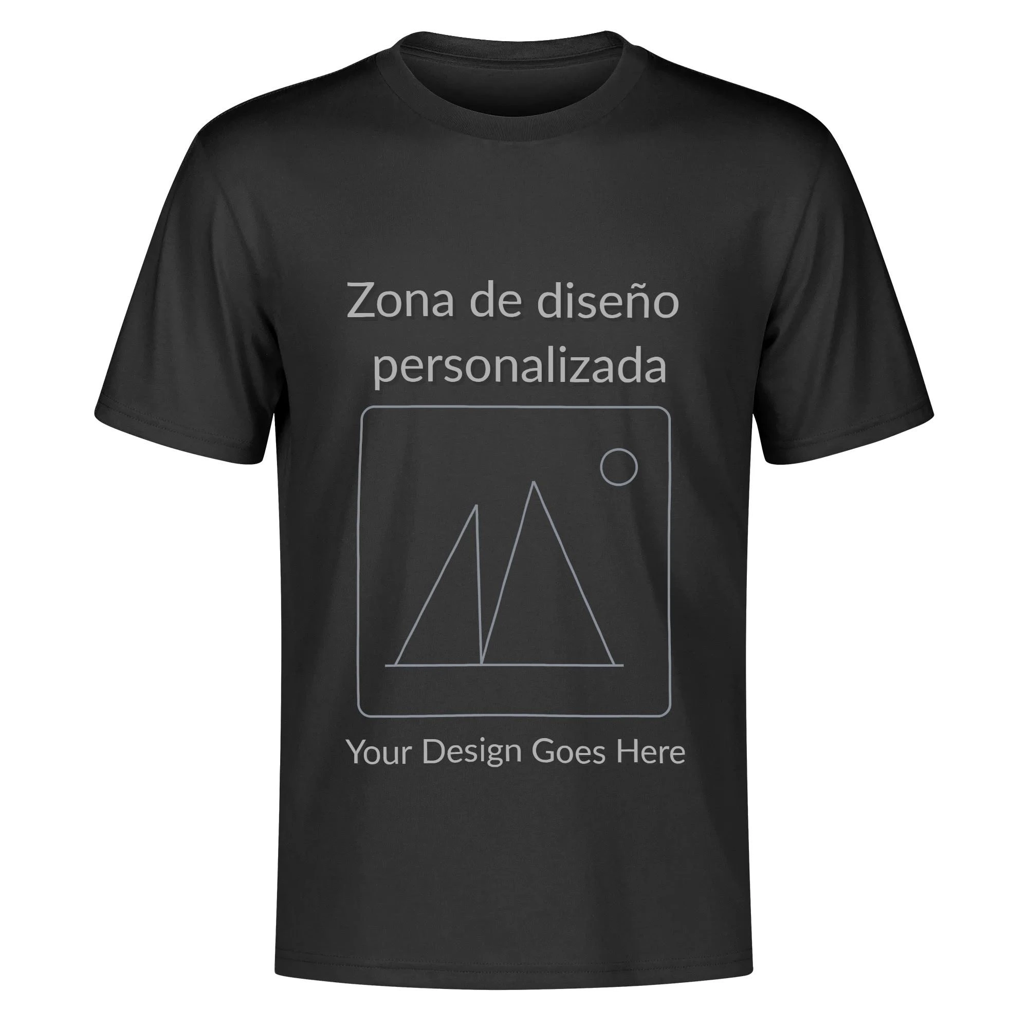 Camiseta unisex blanca con zona de diseño personalizable centrada; vista frontal y ejemplo en negro.