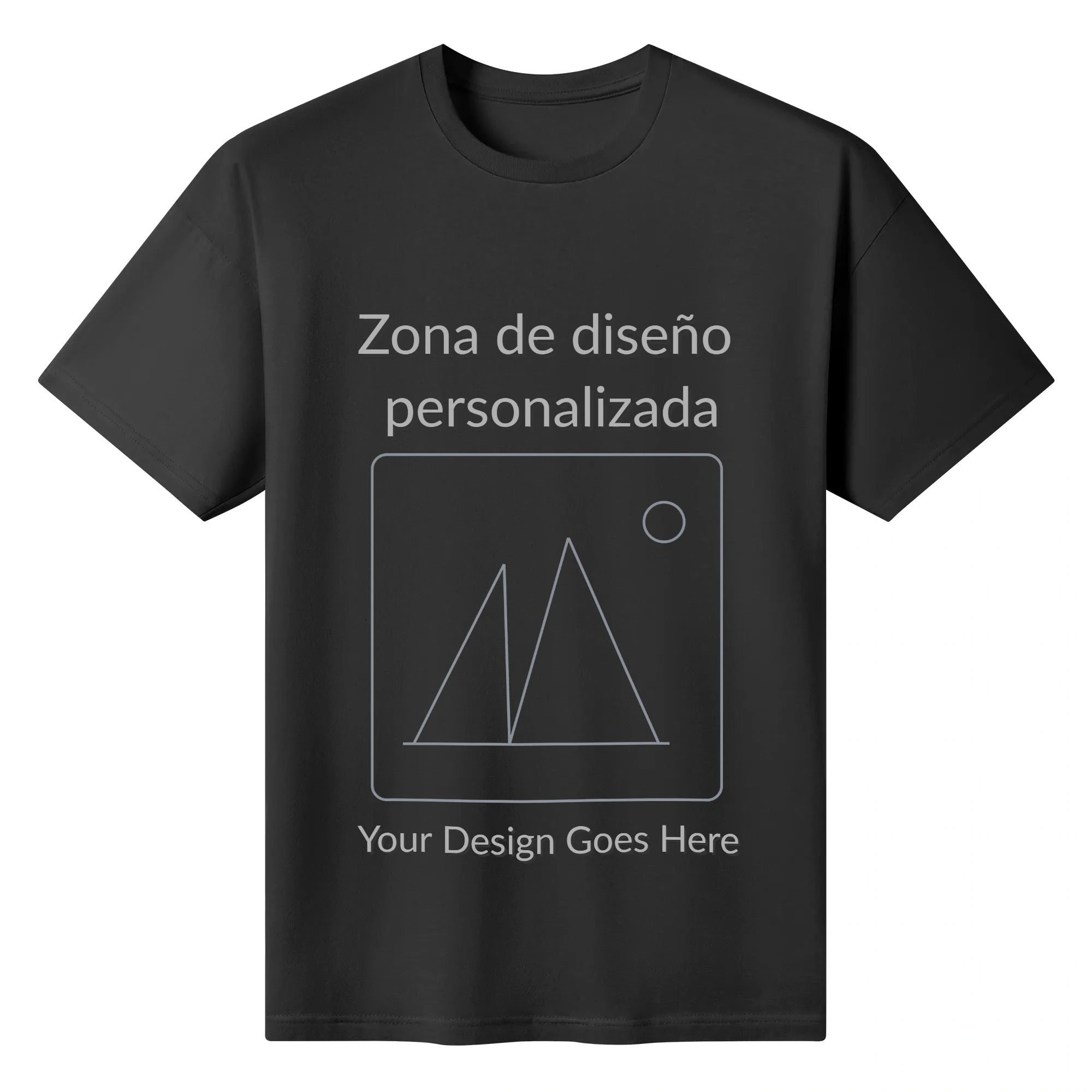 Camiseta unisex blanca con zona de diseño personalizable centrada; vista frontal y ejemplo en negro.