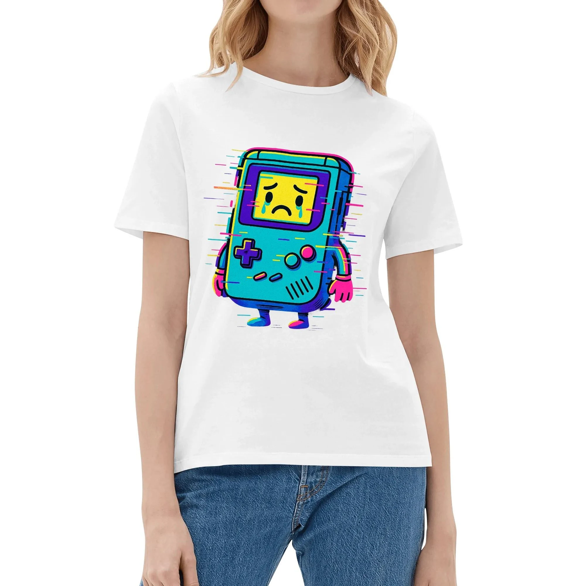 Camiseta negra con Consola Glitch en neón cian-magenta-amarillo, vista frontal centrada.