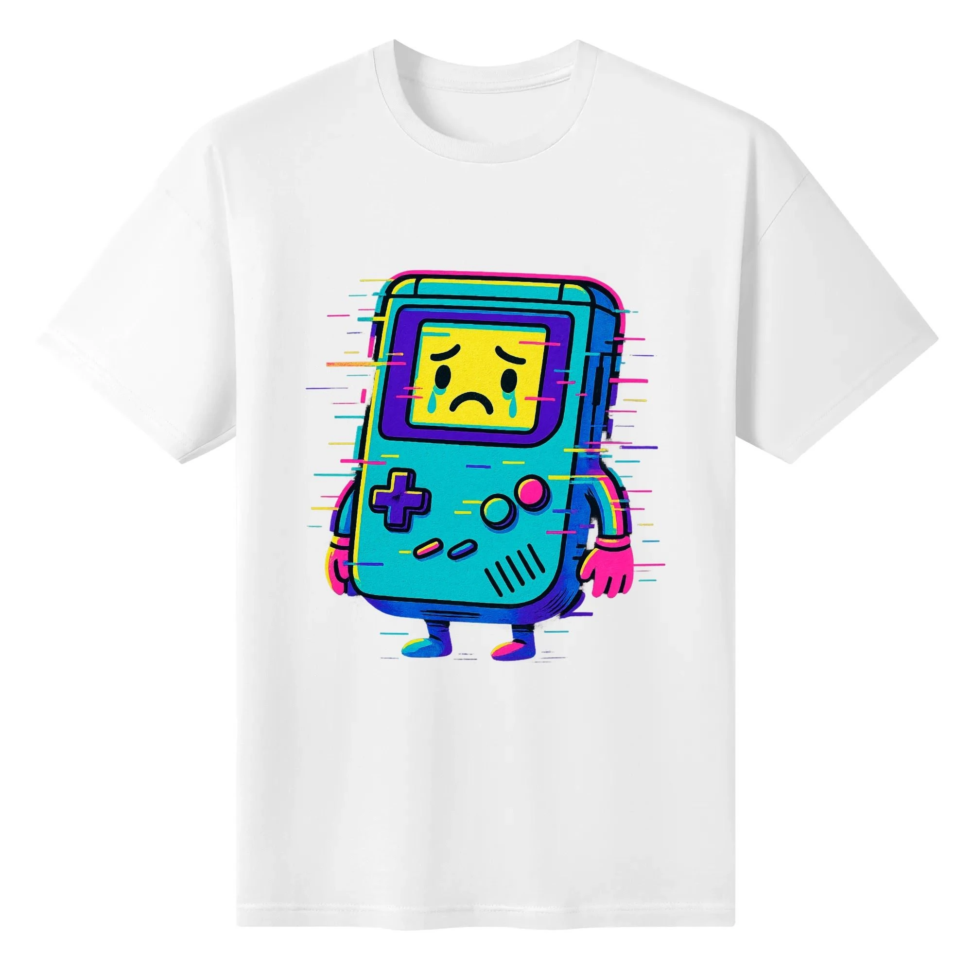 Camiseta negra con Consola Glitch en neón cian-magenta-amarillo, vista frontal centrada.