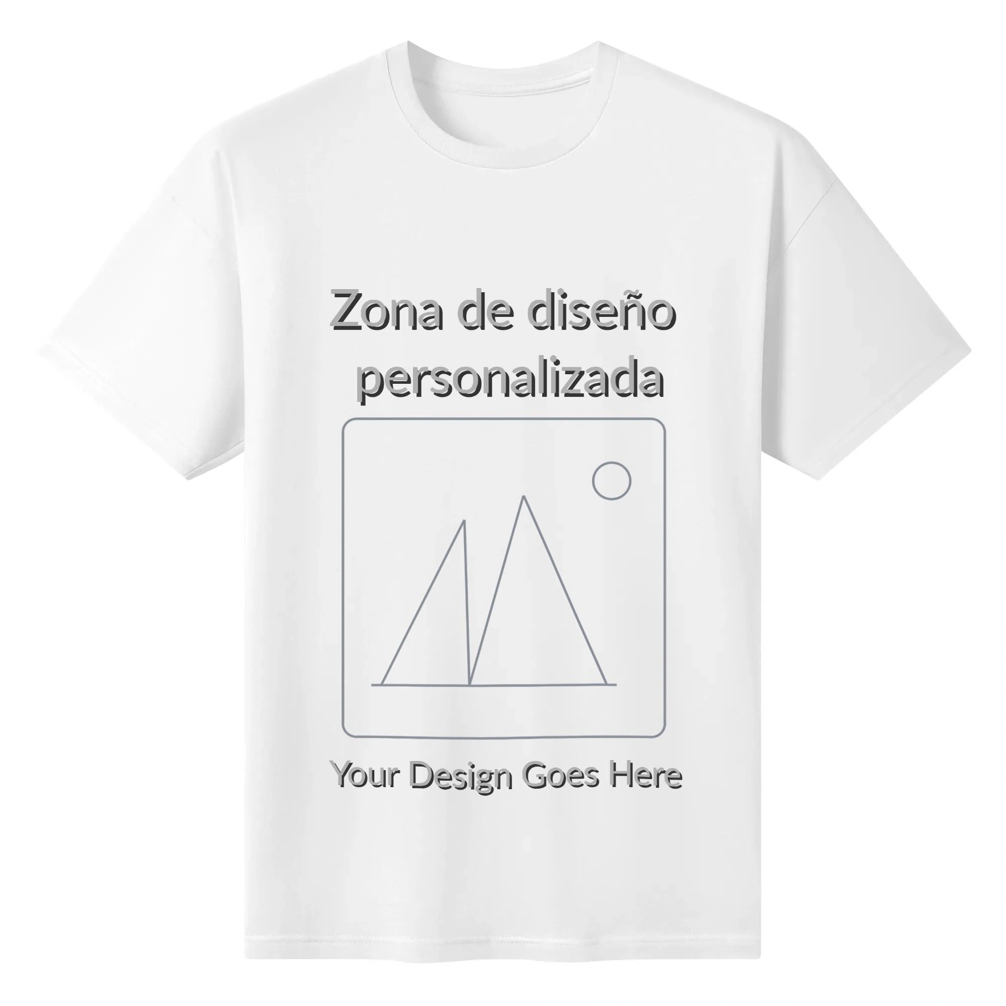 Camiseta unisex blanca con zona de diseño personalizable centrada; vista frontal y ejemplo en negro.