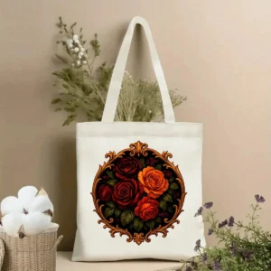 Tote bag de canvas con diseño floral barroco Midnight Bloom impreso en el frente, asas negras y formato vertical 35×40 cm.