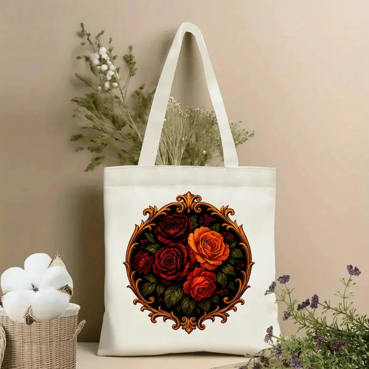 Tote bag de canvas con diseño floral barroco Midnight Bloom impreso en el frente, asas negras y formato vertical 35×40 cm.