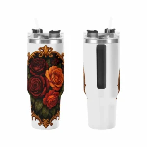 Tumbler térmico 40oz con asa negra y pajita, acabado barroco floral Midnight Bloom, sobre fondo neutro.