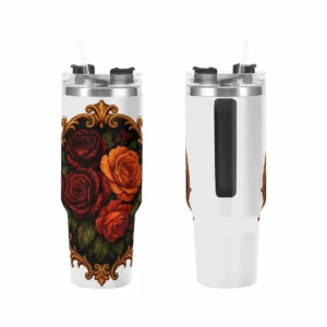 Tumber térmico 40oz con asa negra y pagita, acabado barroco floral Midnight Bloom, sobre fondo neutro.