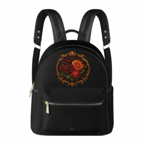 Mochila de cuero vegano negro con bolsillos y arte floral Midnight Bloom en el frontal, vista 3/4 sobre fondo neutro.