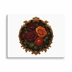 Lienzo mate con marco ornamental dorado y arreglo de rosas oscuras Midnight Bloom tensado sobre bastidor de madera, visto de frente.