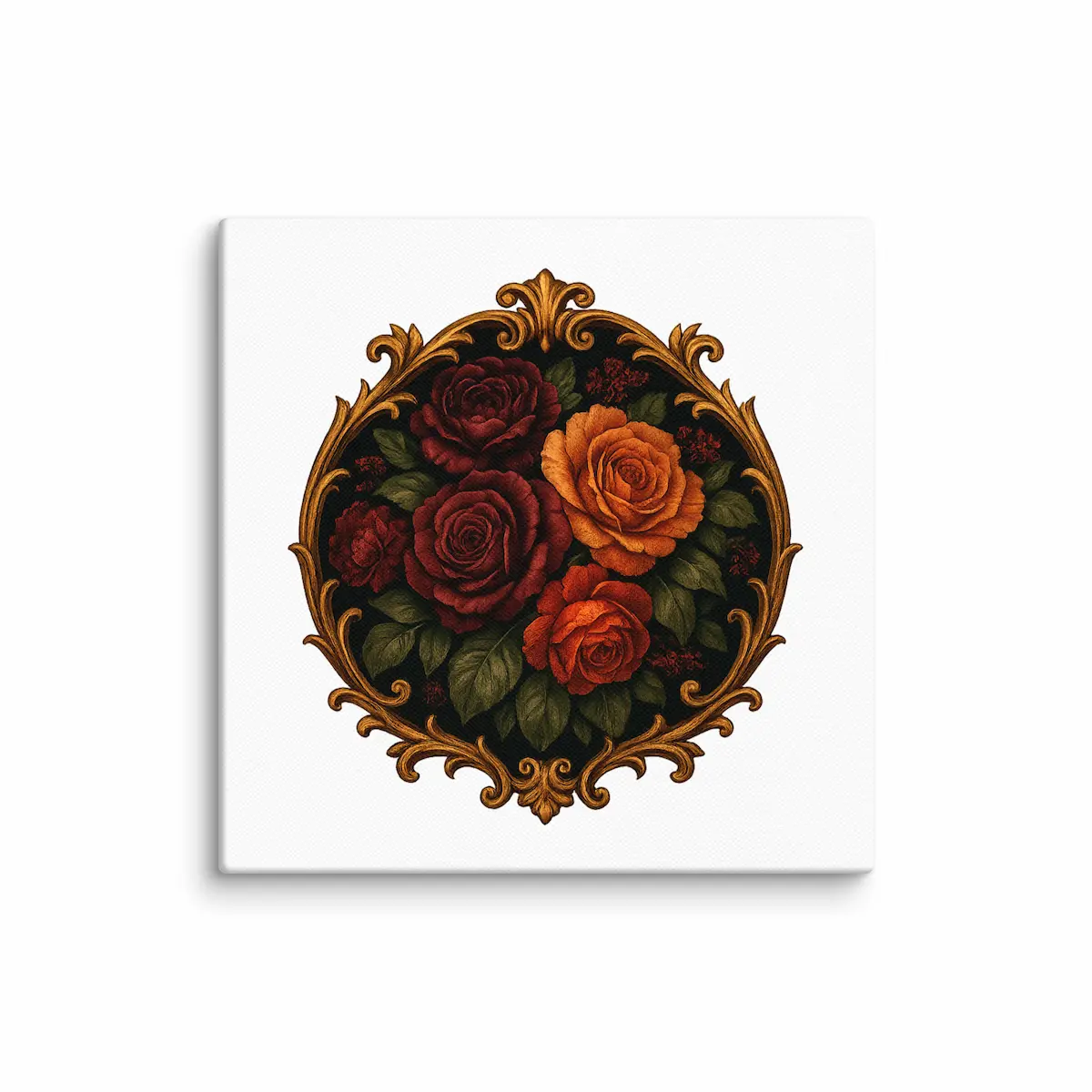 Lienzo mate con marco ornamental dorado y arreglo de rosas oscuras Midnight Bloom tensado sobre bastidor de madera, visto de frente.