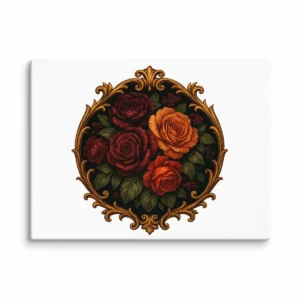 Lienzo mate con marco ornamental dorado y arreglo de rosas oscuras Midnight Bloom tensado sobre bastidor de madera, visto de frente.