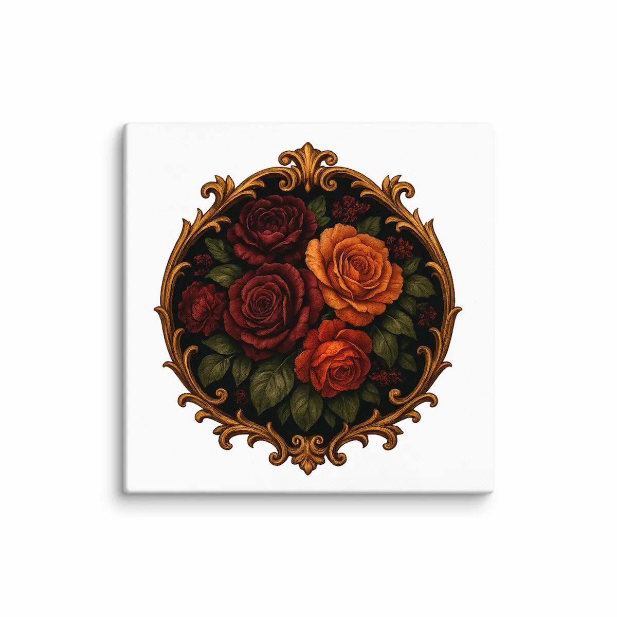 Lienzo mate con marco ornamental dorado y arreglo de rosas oscuras Midnight Bloom tensado sobre bastidor de madera, visto de frente.