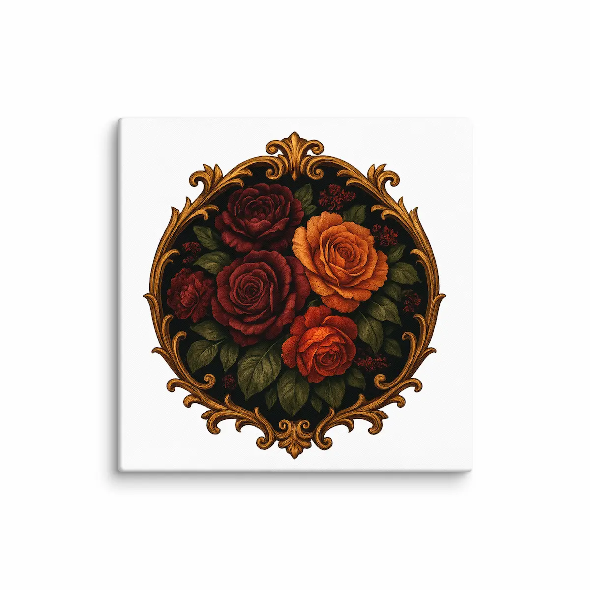 Lienzo mate con marco ornamental dorado y arreglo de rosas oscuras Midnight Bloom tensado sobre bastidor de madera, visto de frente.