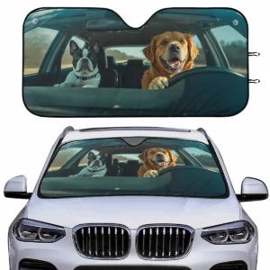 Parasol para coche con diseño realista de dos perros en el asiento delantero: un bulldog francés serio al volante y un golden retriever sonriente al copiloto. Estilo humorístico y realista.