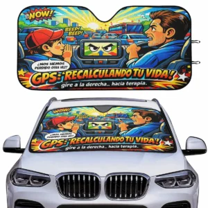 Parasol pop-art con conductor confundido y GPS personificado diciendo “Recalculando tu vida”, colores brillantes estilo cómic, mensaje humorístico y fondo urbano.