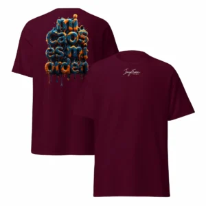 Camiseta negra unisex con diseño trasero “Mi Caos Es Mi Orden” en tipografía líquida azul-naranja y logo ImageFusion Prints en el pecho.
