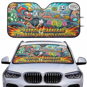 Parasol pop-art con conductor disfrazado de piloto entre fútbol y tráfico, texto “-Fútbol + Carreras: mi corazón va en pole position”, colores vivos y estética cómic de acción.