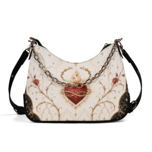 Descubre bolso de hombro con cadena con diseño de ilustración de corazón sagrado barroco con rosas y elementos dorados. Ideal para regalo, uso diario y